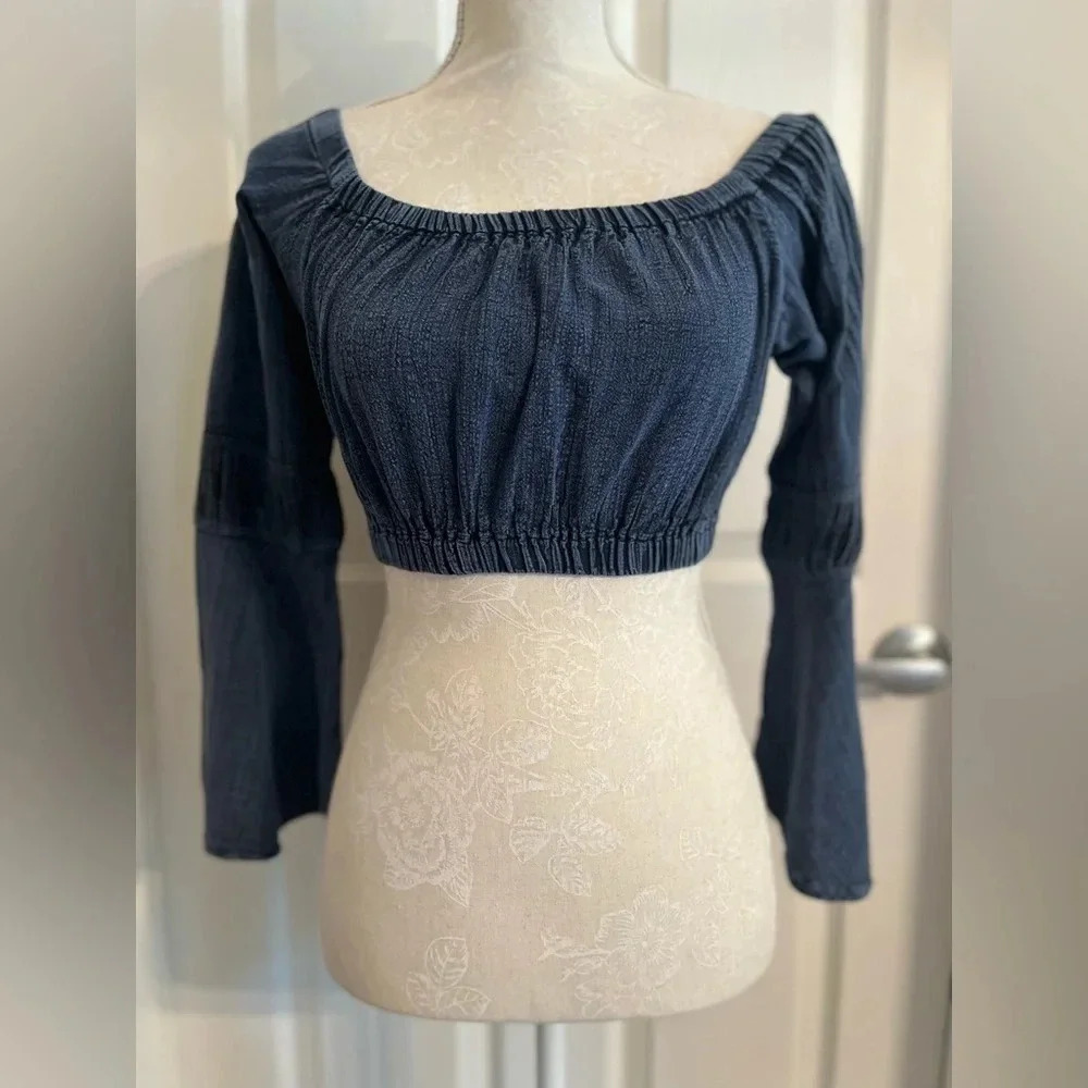 Natural Cotton FLARE MIDNIGHT BLUE OFF-SHOULDER cropped top long sleeve size M - Picture 6 of 16